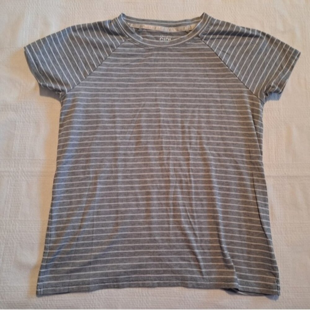 Athleta Girl girls size XL or 14 gray & white striped short sleeve shirt EUC